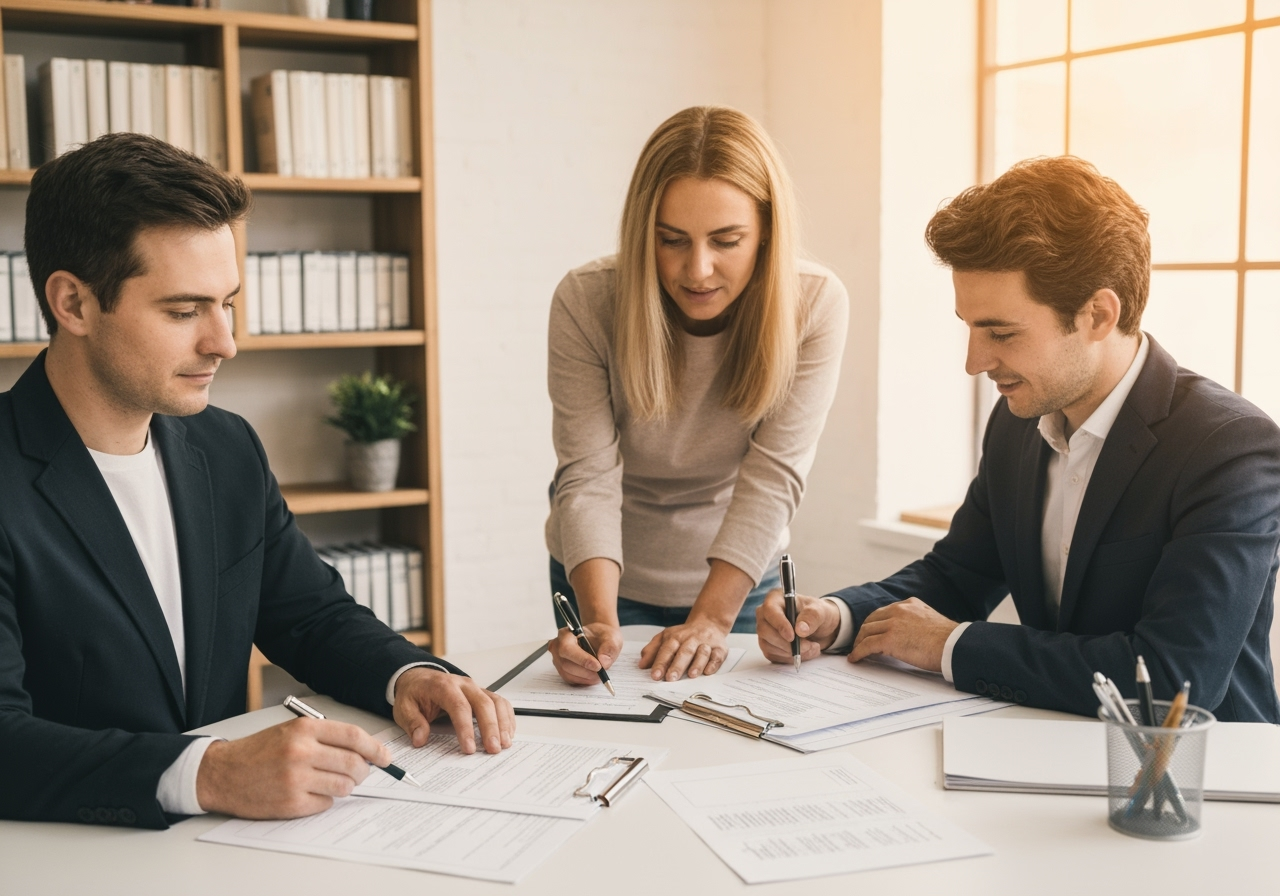 Réunion professionnelle, personnes discutant documents.