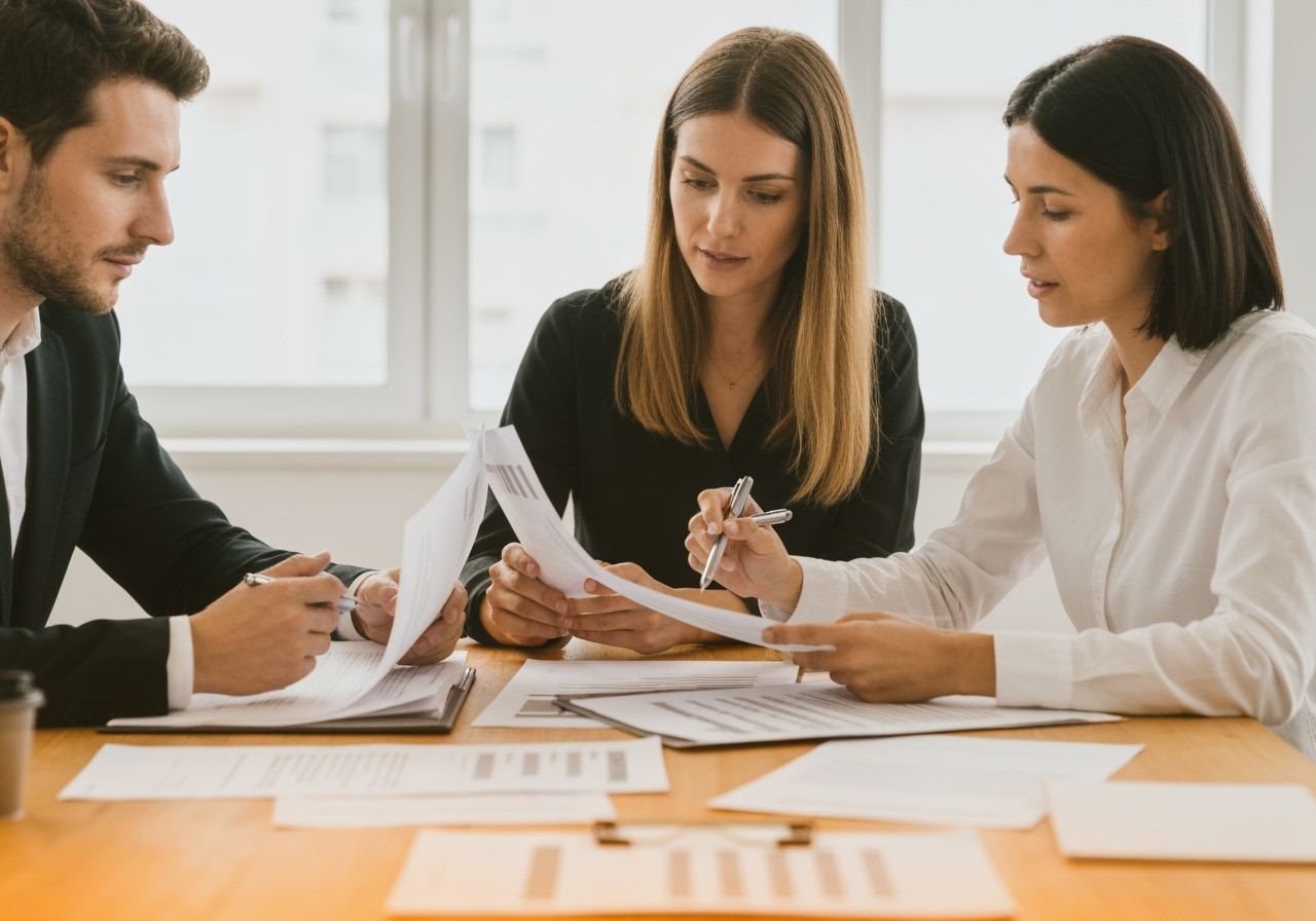 Réunion d'affaires, trois personnes discutant documents.