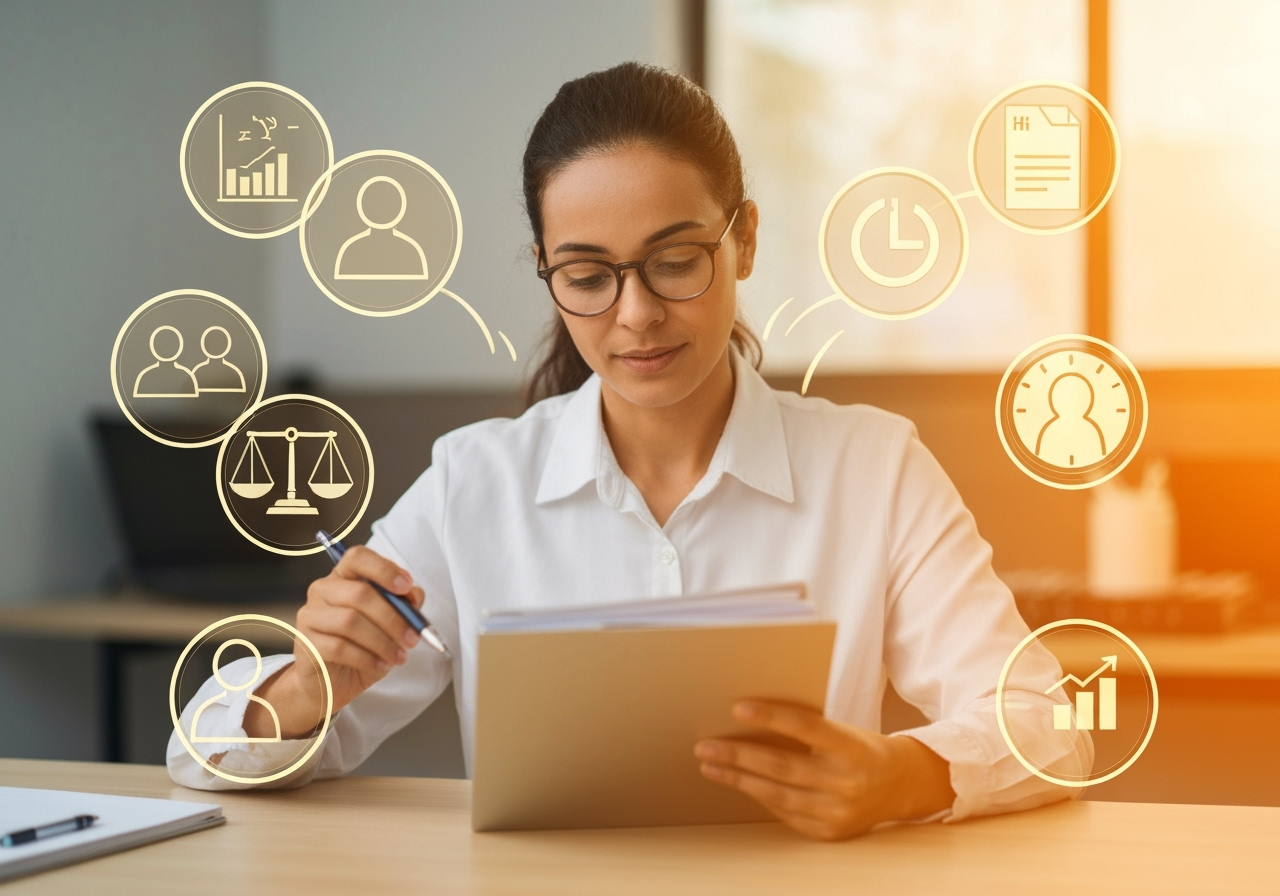 Femme analysant des graphiques et des documents au bureau.