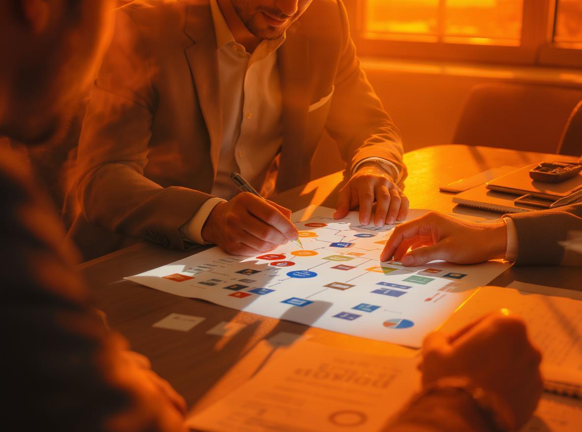 Réunion de travail autour d'un graphique coloré.