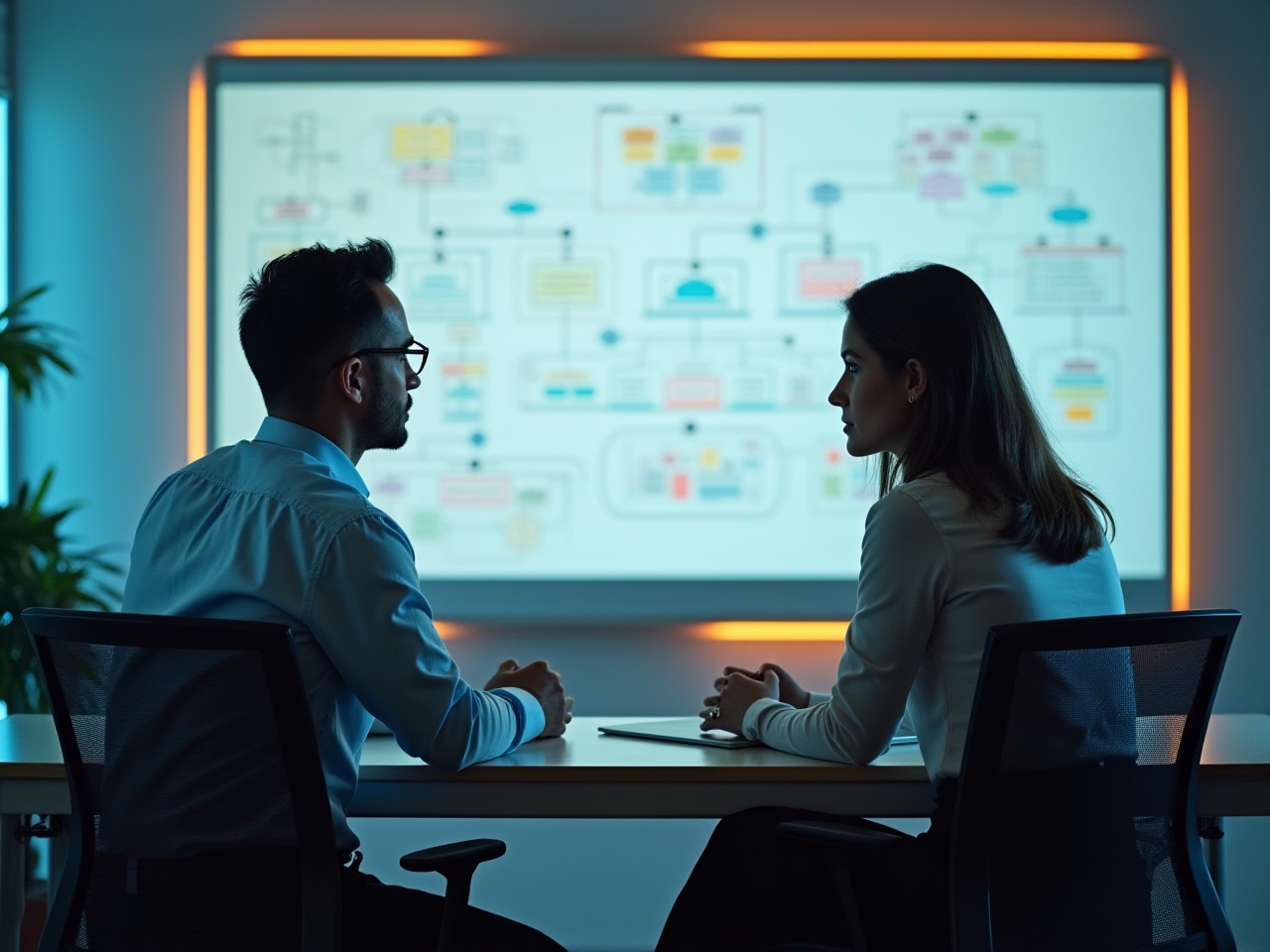 Réunion professionnelle avec tableau de présentation.