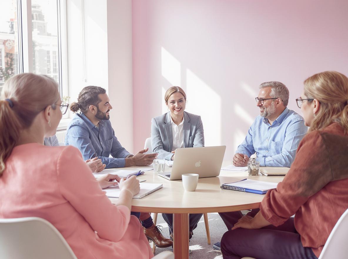 Réunion d'équipe dynamique dans un bureau lumineux.