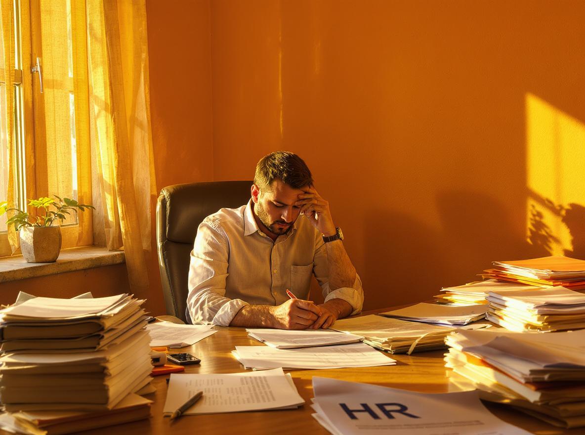 Homme travaillant à un bureau encombré de dossiers.
