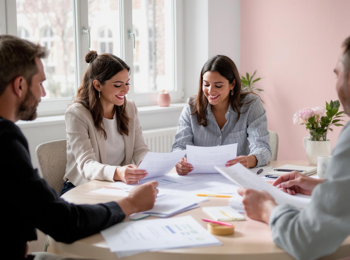 Réunion d'équipe avec documents et échanges professionnels.