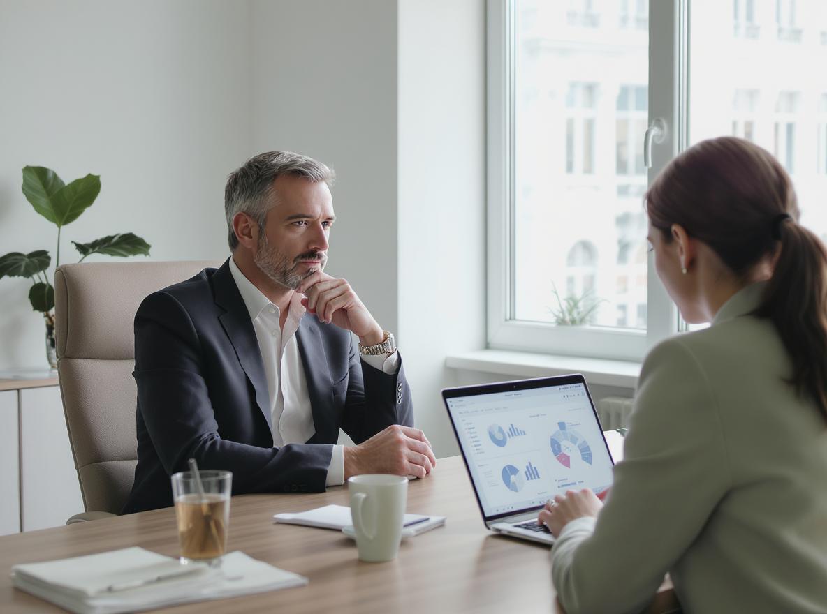 Réunion professionnelle avec analyses sur ordinateur portable.