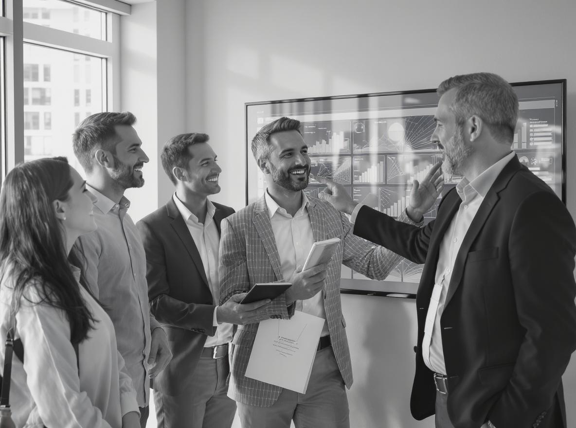 Réunion d'affaires avec collègues souriants en discussion.